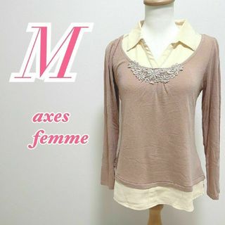 アクシーズファム(axes femme)のアクシーズファム　長袖トップス　M　くすみピンク　ベージュ　きれいめ　花柄(カットソー(長袖/七分))