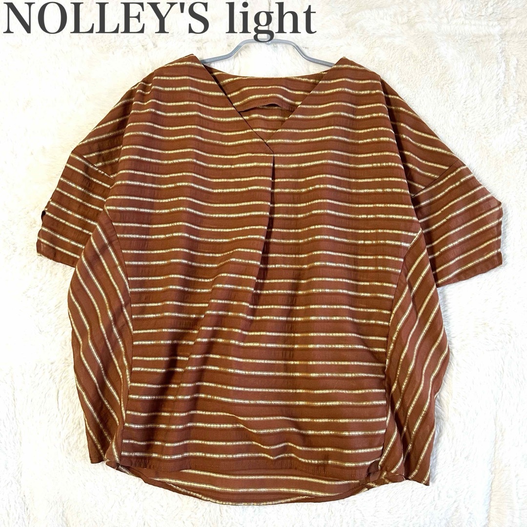 NOLLEY'S(ノーリーズ)の美品✨ ノーリーズ ボーダー 光沢 ドルマン Ｖネック ワイド ブラウス レディースのトップス(シャツ/ブラウス(半袖/袖なし))の商品写真