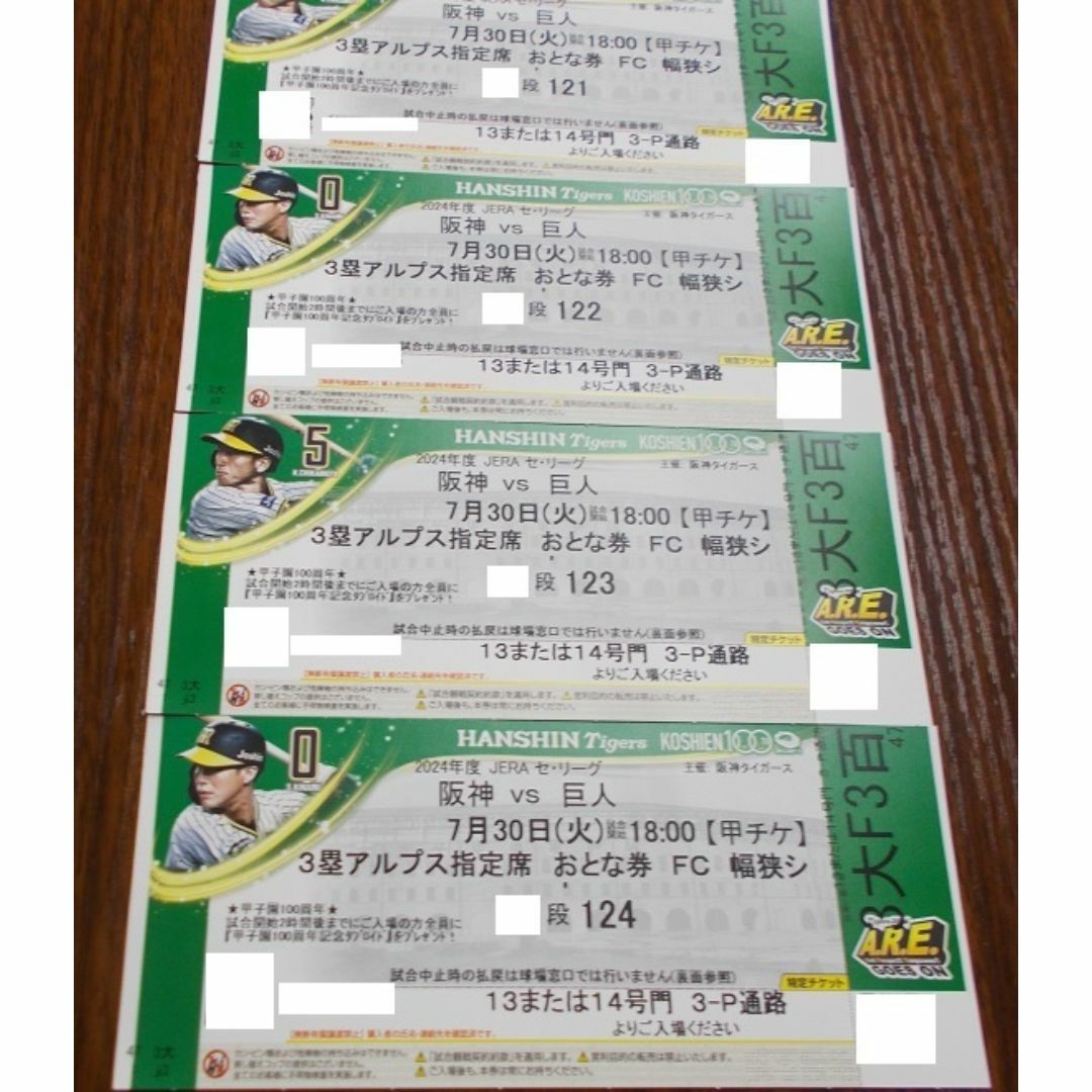 阪神タイガース(ハンシンタイガース)の７／３０　阪神vs巨人(通路側４連番 ３塁アルプス指定席) おとな４枚セット　 チケットのスポーツ(野球)の商品写真