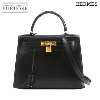 エルメス(Hermes)の新品同様 エルメス HERMES ケリー 28 2way ハンド ショルダー バッグ ボックスカーフ レザー ブラック 〇W刻印 外縫い ゴールド 金具 VLP 90235088(ハンドバッグ)