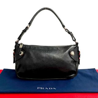 プラダ(PRADA)の極 美品 希少品 PRADA プラダ ロゴ 金具 レザー 本革 ハンドバッグ セミ ワン ミニ ショルダーバッグ ポーチ ブラック 黒 34152(ハンドバッグ)