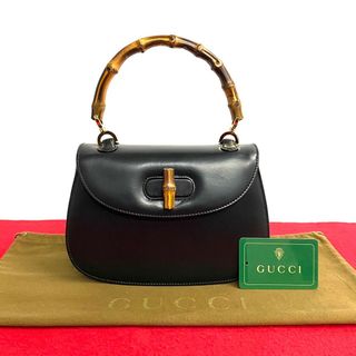 グッチ(Gucci)の極 美品 希少品 GUCCI オールドグッチ グッチ ヴィンテージ バンブー ターンロック カーフレザー 本革 ハンドバッグ ブラック 赤張り 18113(ハンドバッグ)