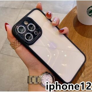 iphone12ケース レンズ保護付き　透明 ブラック292(iPhoneケース)