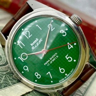 【レトロ可愛い】HMT メンズ腕時計 グリーン シルバー 手巻き ヴィンテージ(腕時計(アナログ))