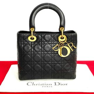 ディオール(Dior)の極 美品 袋付 Christian Dior ディオール レディディオール ロゴ 金具 カナージュ ラムスキン レザー 本革 ハンドバッグ ブラック 55830(ハンドバッグ)