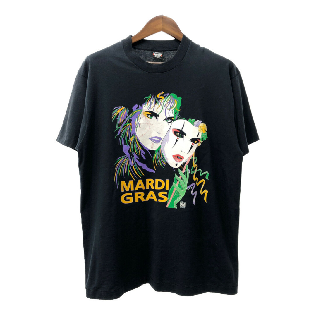 SCREEN STARS(スクリーンスターズ)の90年代 USA製 マルディグラカーニバル 半袖Ｔシャツ ブラック (メンズ XL) 中古 古着 Q6307 メンズのトップス(Tシャツ/カットソー(半袖/袖なし))の商品写真