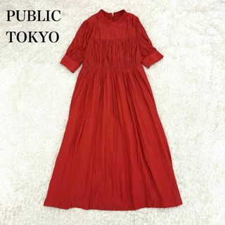 パブリックトウキョウ(PUBLIC TOKYO)のパブリックトウキョウ　シャーリングワンピース FREEサイズ  レッド　□(ロングワンピース/マキシワンピース)