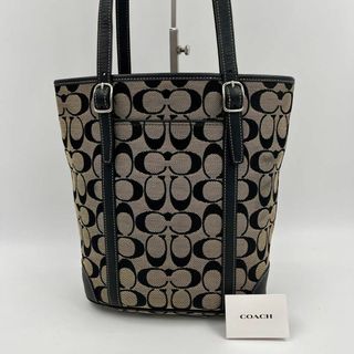 コーチ(COACH)の【美品】coach トートバッグ　バケツ型　シグネチャー　キャンバス　グレー系(その他)