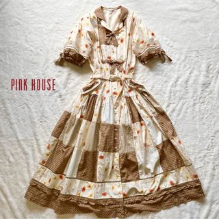 PINK HOUSE - ピンクハウス 花柄リボンパッチワーク フレアロングワンピース ベルト付 Aライン