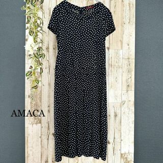 美品 AMACA アマカ ドット ストレッチ 半袖ワンピース 黒白 38