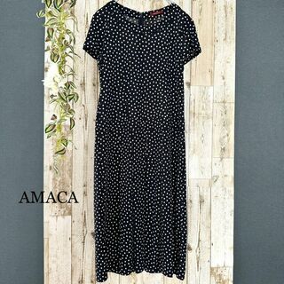 アマカ(AMACA)の美品 AMACA アマカ ドット ストレッチ 半袖ワンピース 黒白 38(ひざ丈ワンピース)