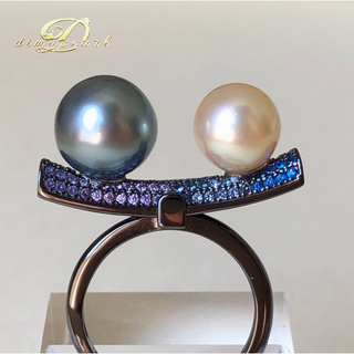 本真珠　南洋黒蝶真珠&アコヤ真珠　シーソーデザインリングs925ブルーとゴールド(リング(指輪))