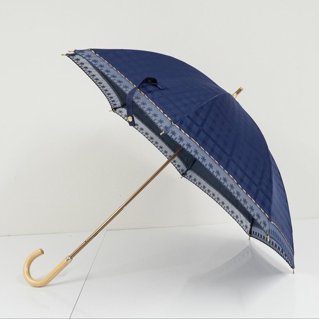 DAKS(ダックス)の日傘 DAKS ダックス USED品 ジャガードチェック オーガンジー ネイビー 晴雨兼用 UV 遮光 47cm A0674 レディースのファッション小物(傘)の商品写真