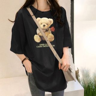 【送料無料】レディース Tシャツ 黒 半袖 XL  韓国 レディース 大きめ(Tシャツ(半袖/袖なし))