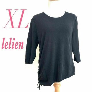 Lillian リリアン レディース XL カットソー 七分袖 シャーリング 黒(カットソー(長袖/七分))