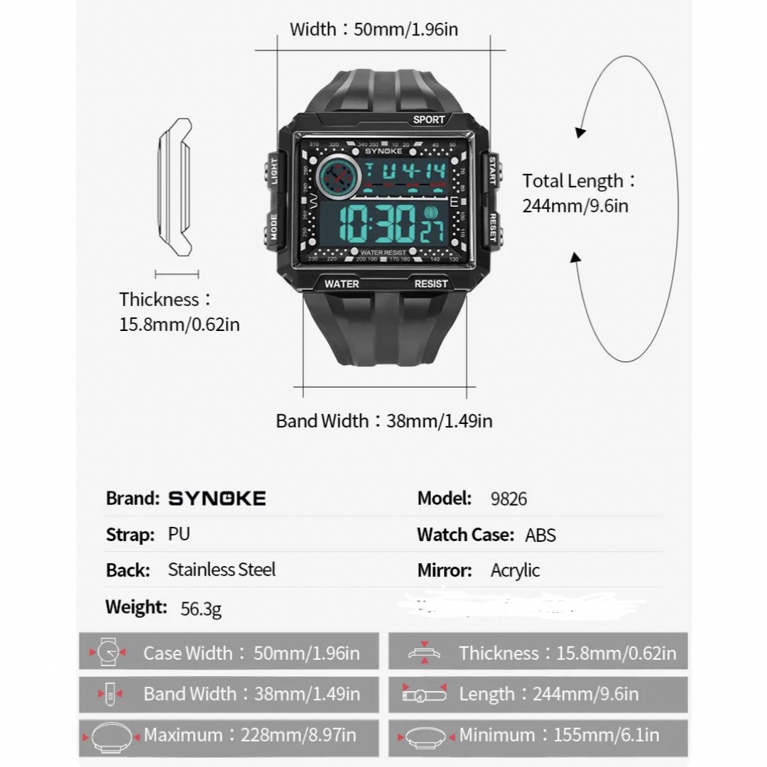 新品 SYNOKE ビッグフェイスデジタル メンズ腕時計 ブラック 9826 メンズの時計(腕時計(デジタル))の商品写真