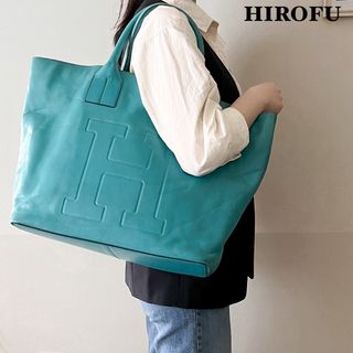 HIROFU ヒロフ　大容量トートバッグ　ターコイズブルー　レザー　ビッグロゴ(トートバッグ)