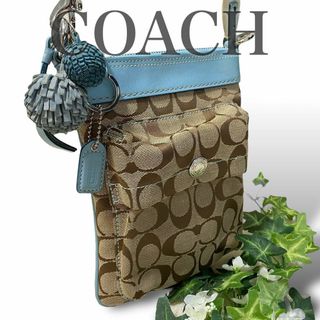 コーチ(COACH)のコーチ　ショルダーバッグ　サコッシュ　キャンバス　レザー　ブルー　シグネチャー(ショルダーバッグ)