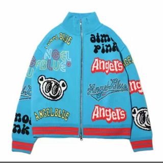 angelblue - atmos pink × ANGEL BLUE 総柄 ロゴ ニットブルゾン