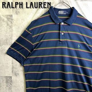 ポロラルフローレン(POLO RALPH LAUREN)の美品 90s ポロバイラルフローレン ポロシャツ 半袖 ボーダー 刺繍ロゴ 紺L(ポロシャツ)