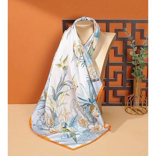 鳥と植物プリント68.0cmサイズ スクエアスカーフ 日焼け止 ヘッドスカーフ(バンダナ/スカーフ)