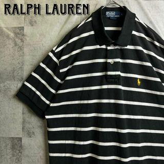 ポロラルフローレン(POLO RALPH LAUREN)の美品 90s ポロバイラルフローレン 鹿子ポロシャツ ボーダー 刺繍ロゴ 黒 L(ポロシャツ)