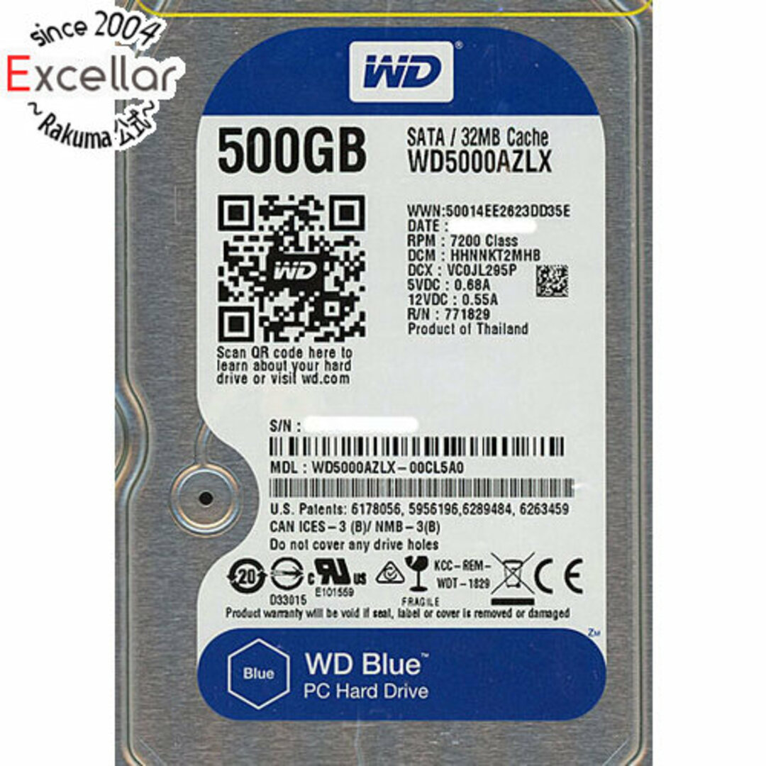 Western Digital(ウェスタンデジタル)のWestern Digital製HDD　WD5000AZLX　500GB SATA600　8000～9000時間以内 スマホ/家電/カメラのPC/タブレット(PC周辺機器)の商品写真