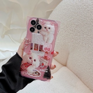 【大人気】 スマホケース　iPhone14promax ピンク　猫　さくらんぼ(iPhoneケース)