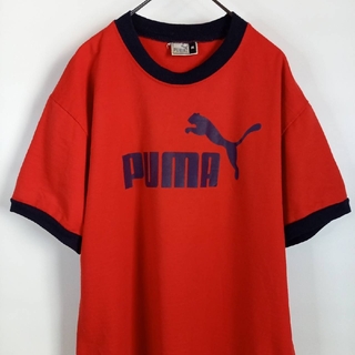 プーマ(PUMA)の90s　ヴィンテージ　プーマ　Tシャツ　リンガーT　半袖　プリント　レッド　M(Tシャツ/カットソー(半袖/袖なし))