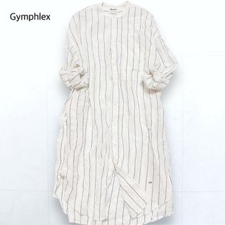 ジムフレックス(GYMPHLEX)のジムフレックス リネン100 バンドカラー ロングシャツワンピース 青ストライプ(ロングワンピース/マキシワンピース)