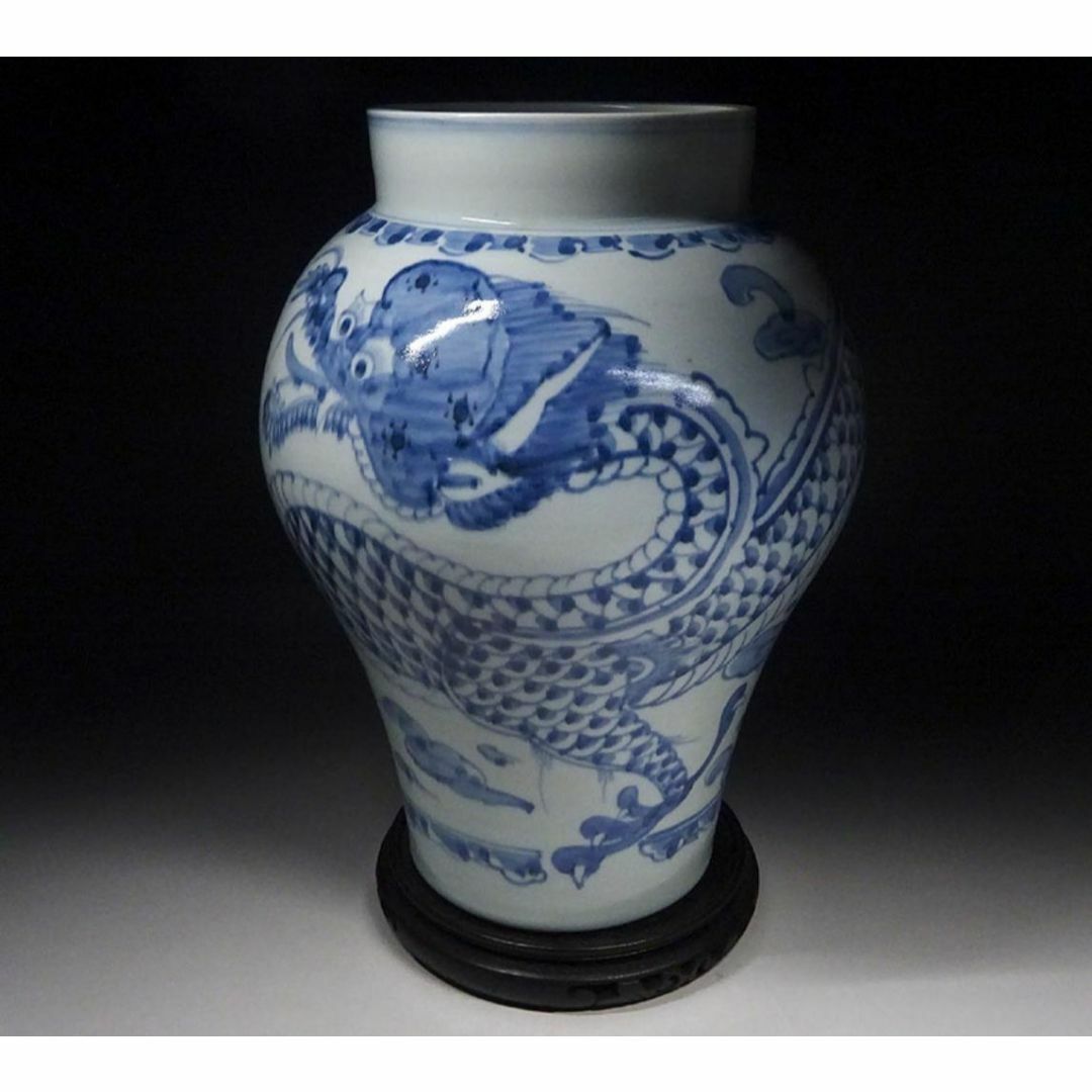 韓国美術 李朝 龍紋染付 壺 花瓶 瓶台付 高約34cm 韓国美術 李朝 龍紋染付 壺 花瓶 瓶台付 高約34cm