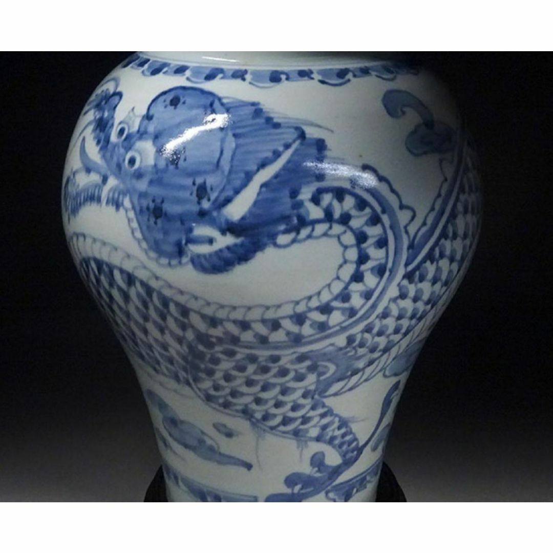 韓国美術 李朝 龍紋染付 壺 花瓶 瓶台付 高約34cm s02545 韓国美術 李朝 龍紋染付 壺 花瓶 瓶台付 高約34cm s02545