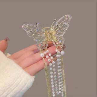 【韓国風】ゴールド 蝶々 バタフライ ヘアアクセ クリップ ビジュー パール (バレッタ/ヘアクリップ)