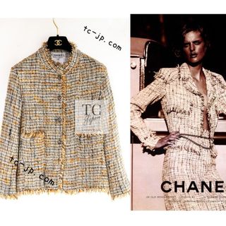 シャネル ジャケット CHANEL ヴィンテージ ブラウン オレンジ マルチカラー フリンジ ツイード ココボタン 38