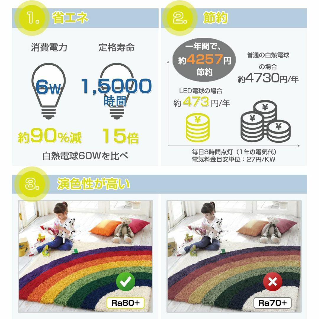 ANWIO LED電球 6個セット 6W（60W形相当） E26口金 無段階調光 インテリア/住まい/日用品のライト/照明/LED(その他)の商品写真