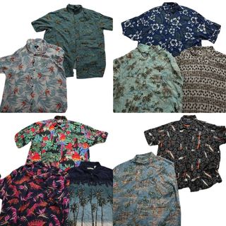 古着卸 まとめ売り レーヨン系 アロハシャツ 半袖シャツ 10枚セット (メンズ XL /2XL ) カラーMIX 柄MIX ブルー MS8850(シャツ)