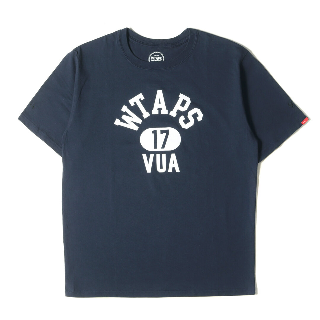 W)taps(ダブルタップス)のWTAPS ダブルタップス Tシャツ サイズ:L フロッキープリント カレッジロゴ クルーネック 半袖Tシャツ ネイビー 紺 トップス カットソー【メンズ】【中古】 メンズのトップス(Tシャツ/カットソー(半袖/袖なし))の商品写真