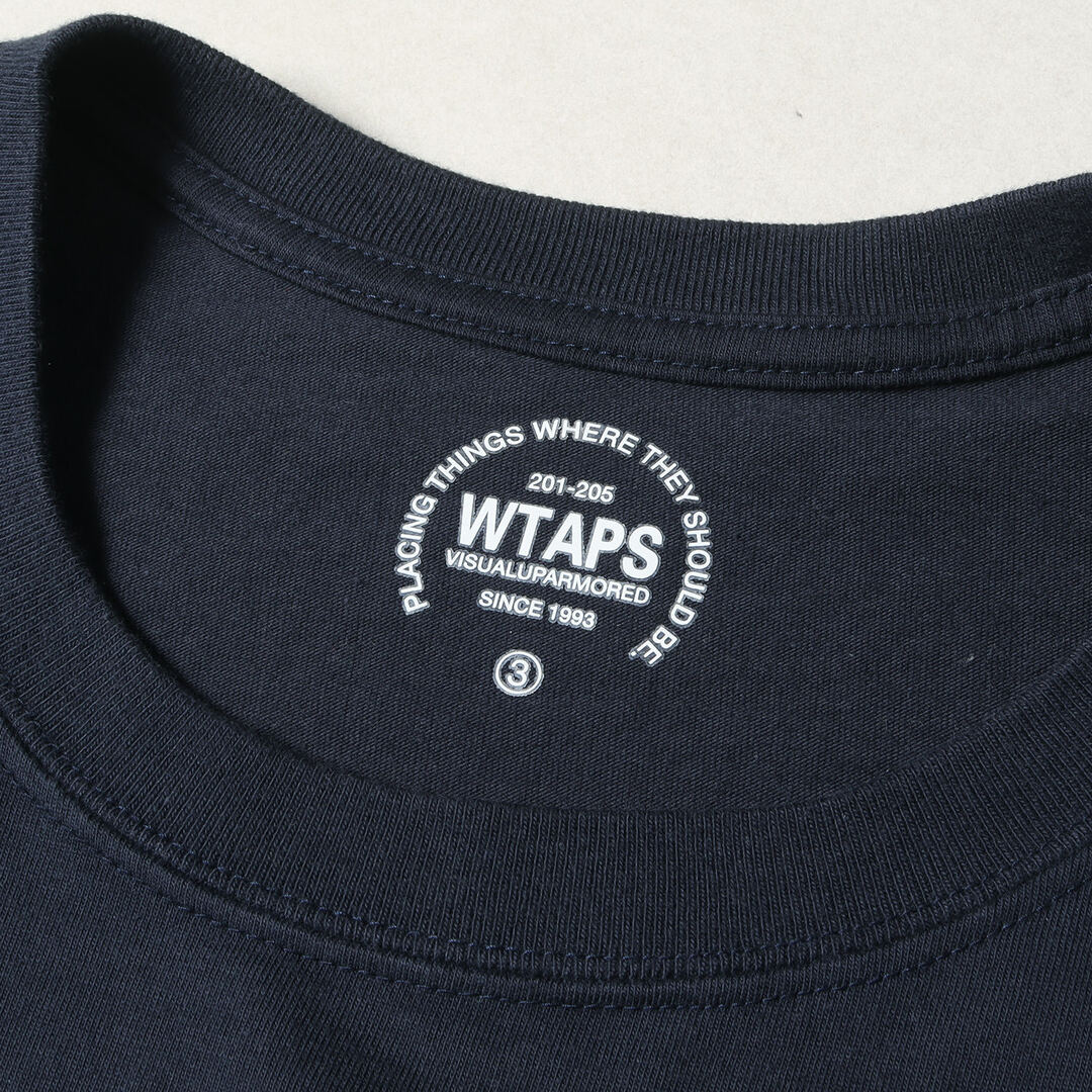 W)taps(ダブルタップス)のWTAPS ダブルタップス Tシャツ サイズ:L フロッキープリント カレッジロゴ クルーネック 半袖Tシャツ ネイビー 紺 トップス カットソー【メンズ】【中古】 メンズのトップス(Tシャツ/カットソー(半袖/袖なし))の商品写真