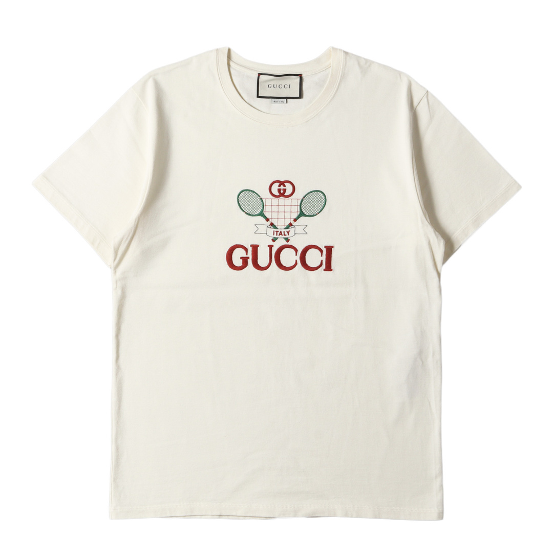 Gucci(グッチ)の美品 GUCCI グッチ Tシャツ サイズ:S 20SS テニス ロゴ 刺繍 ヘビーウェイト クルーネック 半袖Tシャツ Club Multi Tee インターロッキングG アイボリー イタリア製 トップス カットソー【メンズ】【中古】 メンズのトップス(Tシャツ/カットソー(半袖/袖なし))の商品写真