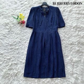 バーバリー(BURBERRY)の【美品】バーバリーロンドン 膝丈 ワンピース シルク ボウタイ ネイビー M(ひざ丈ワンピース)