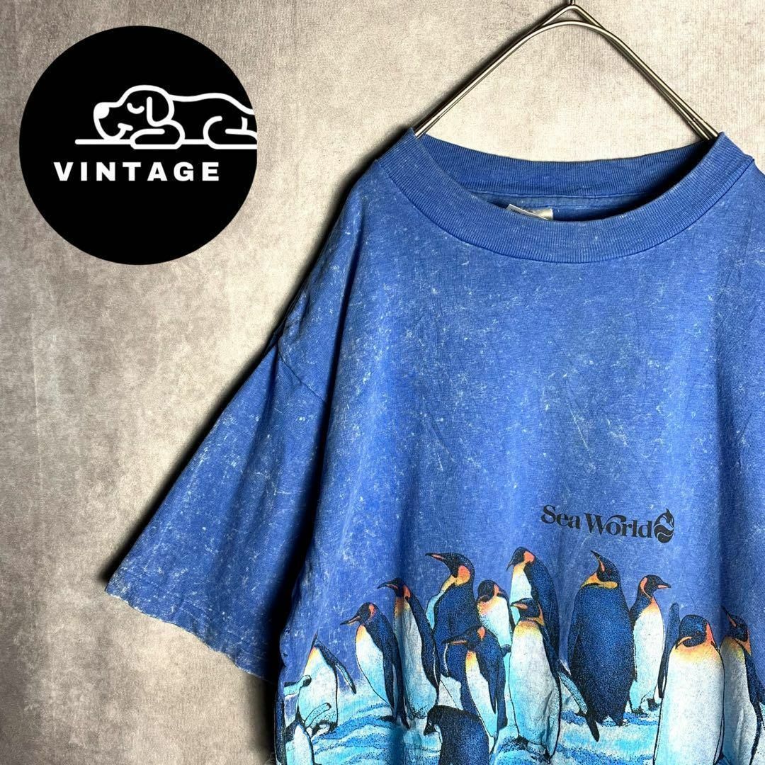 【半袖Tシャツ　プリントデザイン　動物　ペンギン　USA製　青　黒　白　古着】 メンズのトップス(Tシャツ/カットソー(半袖/袖なし))の商品写真