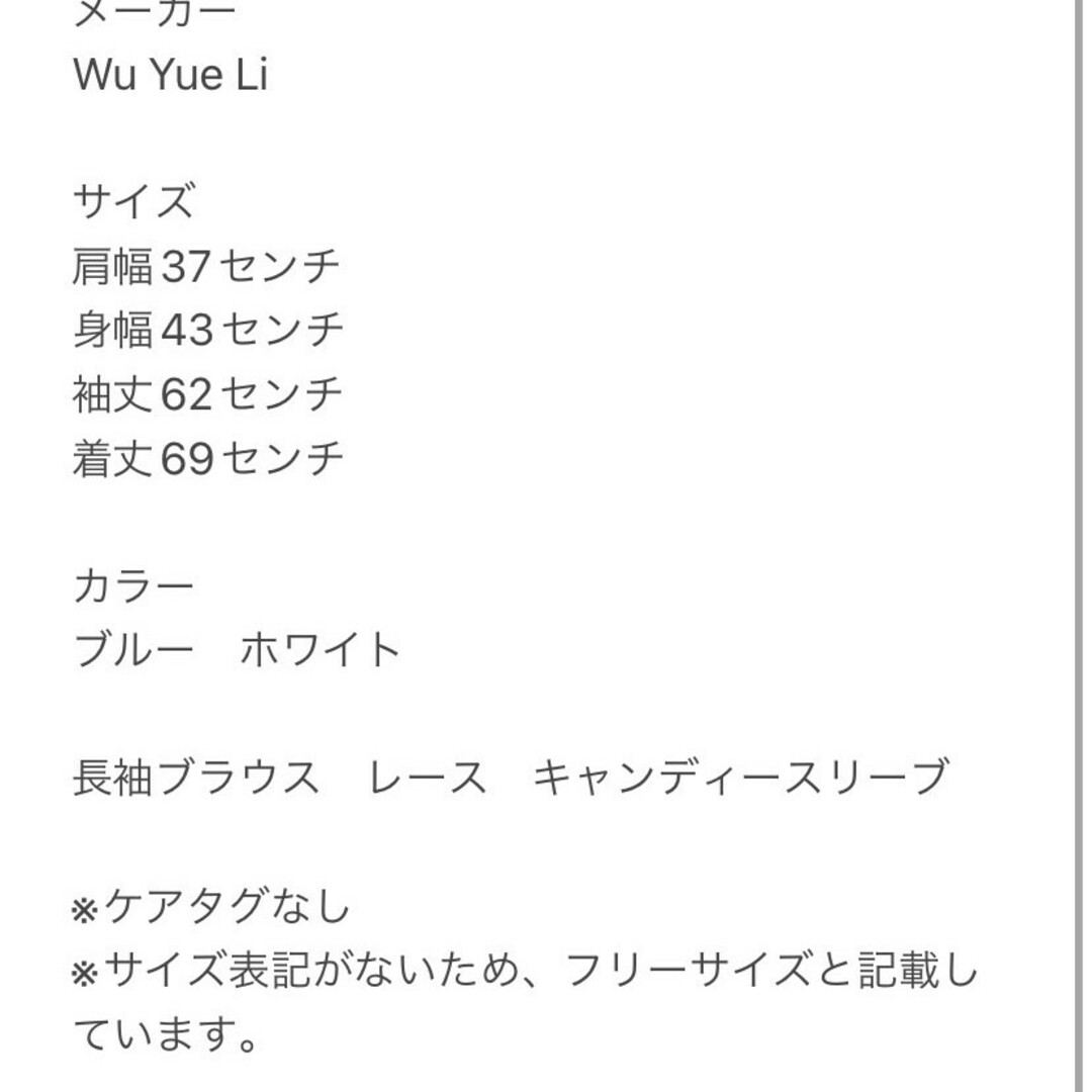 Wu Yue Li　ブラウス　F　ブルー　ホワイト　レース　キャンディスリーブ レディースのトップス(シャツ/ブラウス(長袖/七分))の商品写真