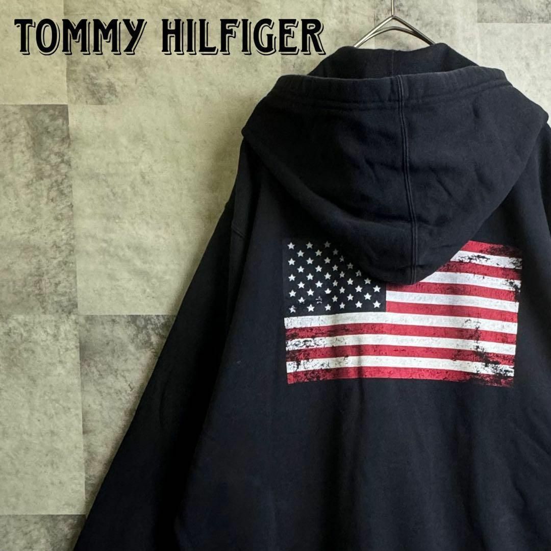 TOMMY HILFIGER(トミーヒルフィガー)の希少 トミーヒルフィガー パーカー 星条旗 バックロゴ 刺繍ロゴ ネイビー M メンズのトップス(パーカー)の商品写真