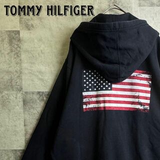 トミーヒルフィガー(TOMMY HILFIGER)の希少 トミーヒルフィガー パーカー 星条旗 バックロゴ 刺繍ロゴ ネイビー M(パーカー)