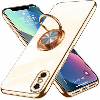 【色: ホワイト】iPhone Xs 用ケース リング付き メッキ加工 クリア (その他)