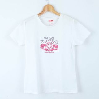 PUMA - プーマ 半袖Ｔシャツ トップス ロゴT スポーツウエア レディース Lサイズ 白×ピンク PUMA