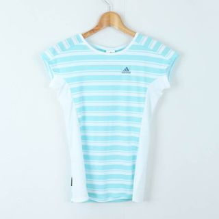 アディダス(adidas)のアディダス 半袖Ｔシャツ トップス ボーダー柄 スポーツウエア レディース Mサイズ 水色×白 adidas(Tシャツ(半袖/袖なし))