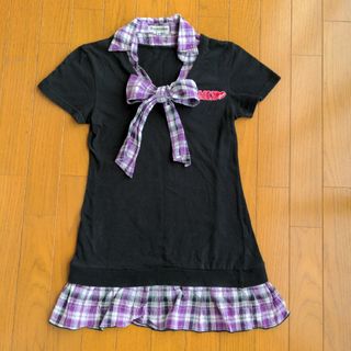 女の子 160cm 半袖カットソー チェック柄  黒 紫(Tシャツ/カットソー)