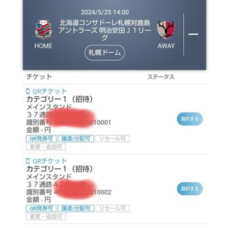 5/25 (土)北海道コンサドーレ札幌 vs 鹿島アントラーズ　カテゴリ1 ペア(サッカー)