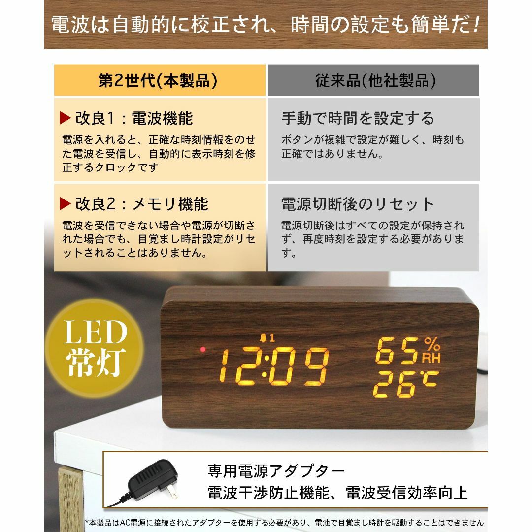 【色: ベージュ】置き時計 デジタル 電波時計 木目 LED 明るい 夜でも見え インテリア/住まい/日用品のインテリア小物(置時計)の商品写真